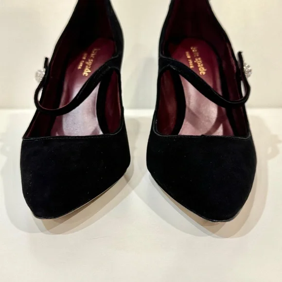 Kate Spade Women's Black Suede with Rhinestone Button Maren Ankle-Strap Pumps - Picture 5 of 11